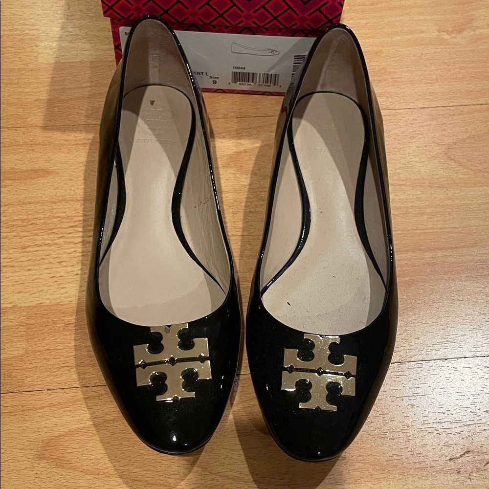 Tory Burch Black Flats with Gold Logo
